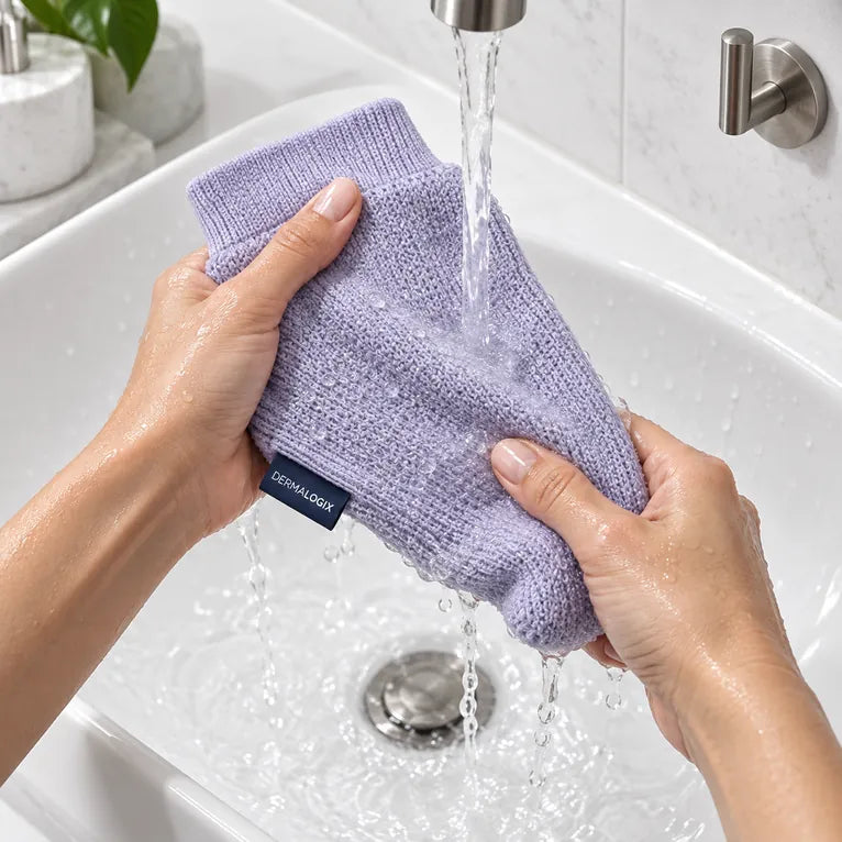 Dermalogix KP Body Polish Mitt rinsed and hung to dry