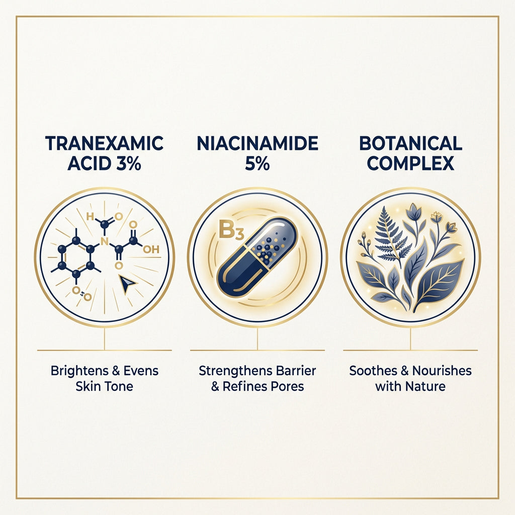 Tranexamic Acid + Niacinamide + Botanicals infographic